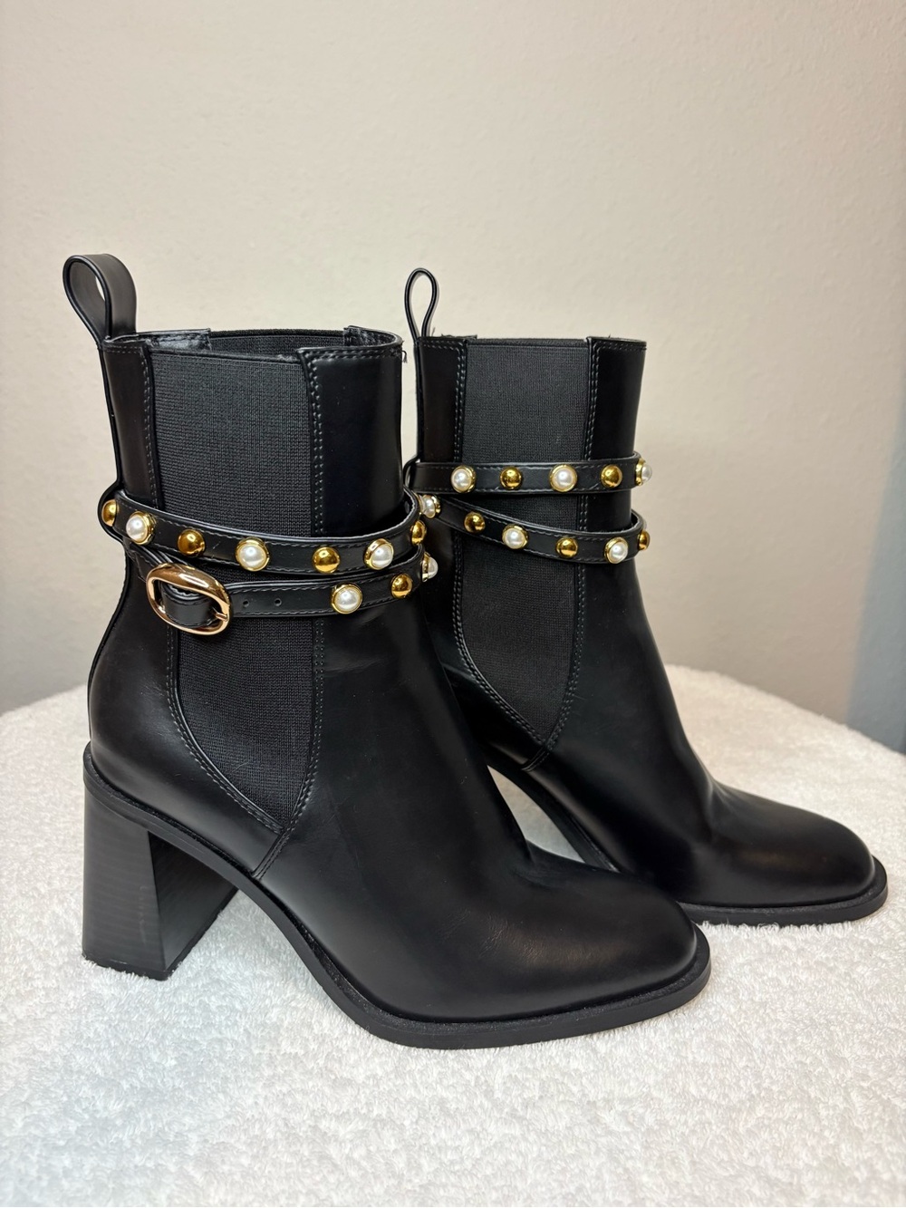 ZARA Black Pearl-Studded Leather Ankle Boots